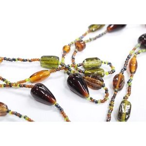Glass Beads Necklace Extra Long 30" Drop Browns Greens Golds Hippy Boho Nature